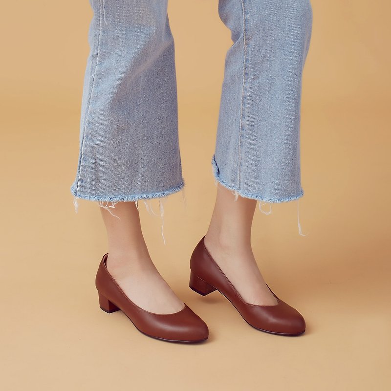 [ゼロコードクリア]足を磨いていない！ココナッツブラウン - ソフトシープスキンローヒールの靴フルレザー台湾手作り - パンプス - 革 ブラウン
