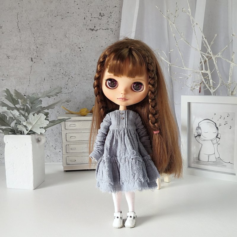 Grey-blue dress Blythe Clothes Blythe doll Handmade dress doll - 公仔/玩偶 - 棉．麻 