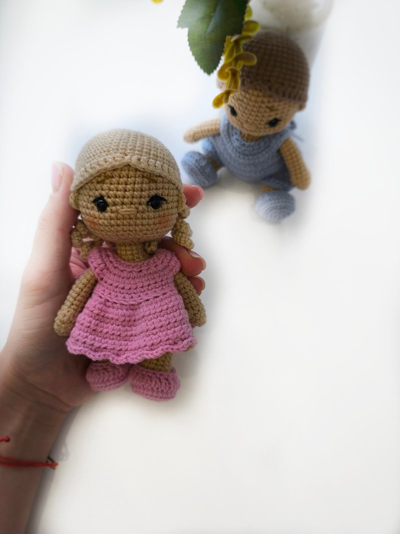 Doll in dress, crocheting doll, art doll, doll with pigtails - Kids' Toys - Cotton & Hemp Pink