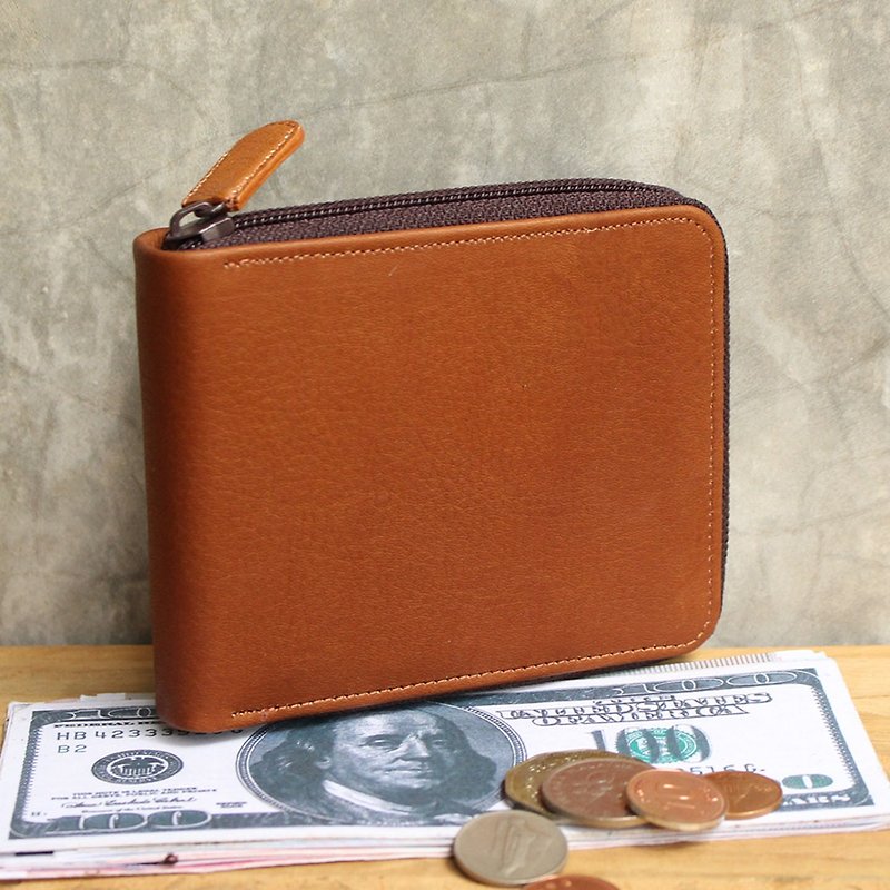 Leather Wallet - Zip Around S - สีแทน (Genuine Cow Leather) / 錢包 / 皮包 / 真皮 / 短夾 - กระเป๋าสตางค์ - หนังแท้ สีนำ้ตาล