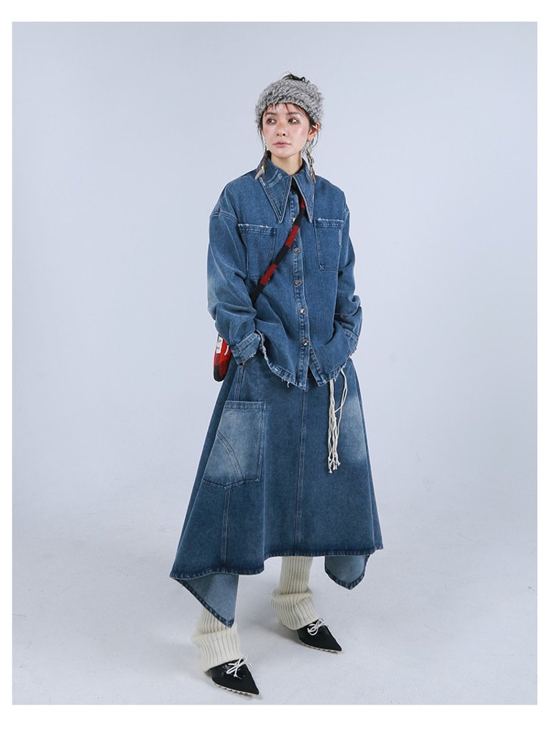 牛仔襯衫女港風寬松疊穿長袖襯衣 - 女襯衫 - 棉．麻 