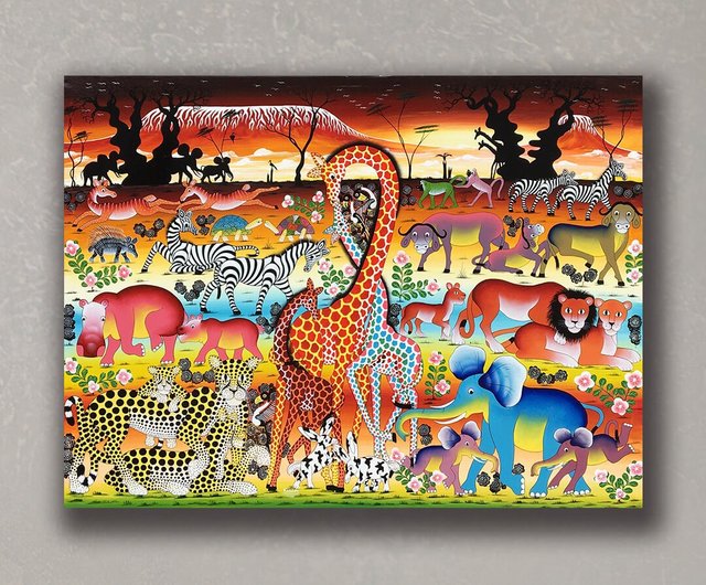 ティンガティンガ・アート 66「ピンクのキリンとクジャク」by