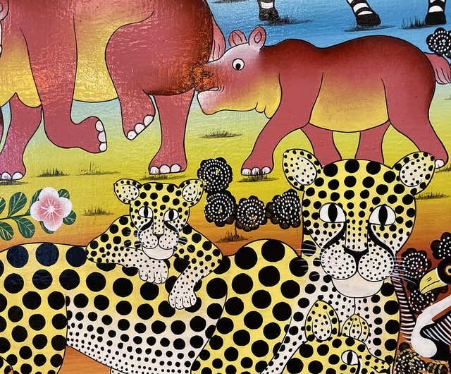 ティンガティンガ・アート 66「ピンクのキリンとクジャク」by