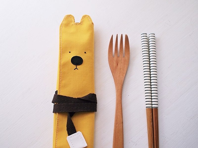 hairmo. Black-nosed bear chopsticks set/tableware bag/pen case-D yellow - Chopsticks - Cotton & Hemp Yellow