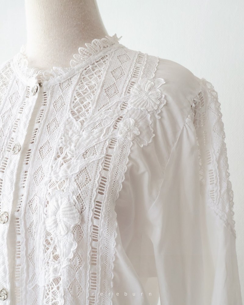 春夏日本製復古蕾絲拼接純棉長袖白色古著襯衫 - 女襯衫 - 棉．麻 白色