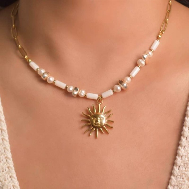 Stainless Steel Chain Necklace Sun Pendant with Natural Freshwater Pearl Stone - Necklaces - Stainless Steel Gold