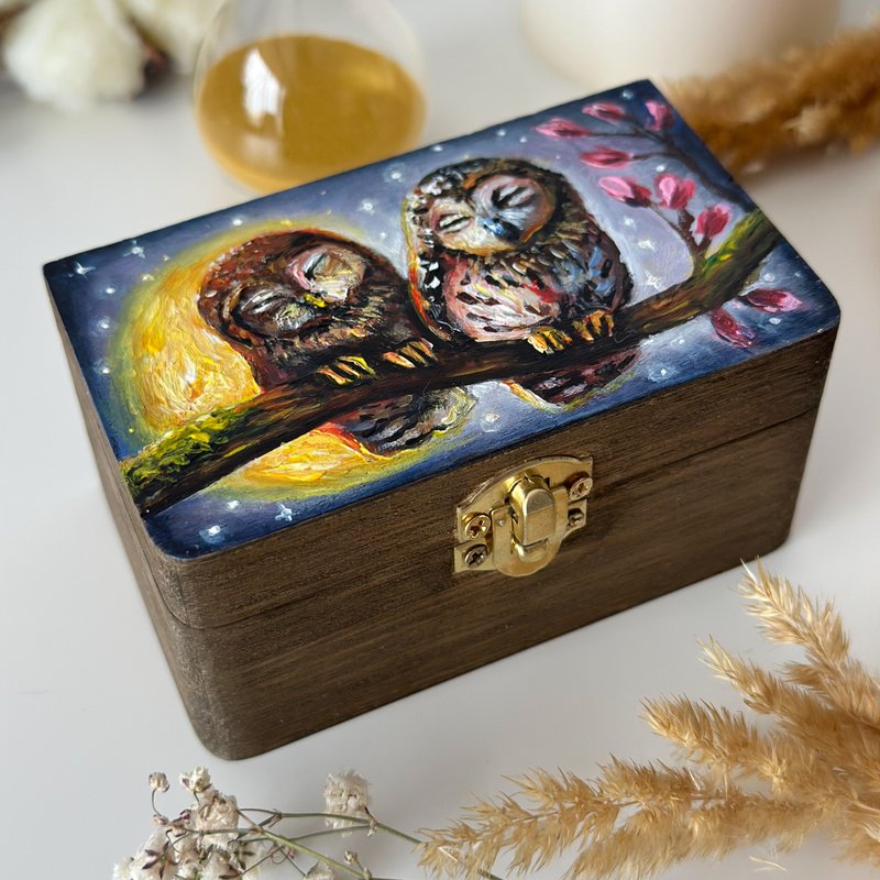 Hand painted wooden box Owl, Mini storage box with lock, Jewelry box, Owl poster - 居家收納/收納盒/儲物盒 - 木頭 咖啡色