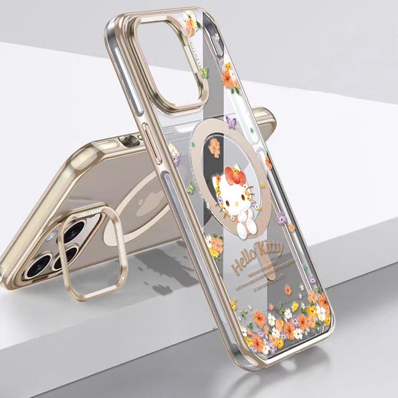 三麗鷗 iPhone 全系列 抗黃化磁吸金屬框隱形立架殼-花語凱蒂 - 手機殼/手機套 - 其他材質 多色