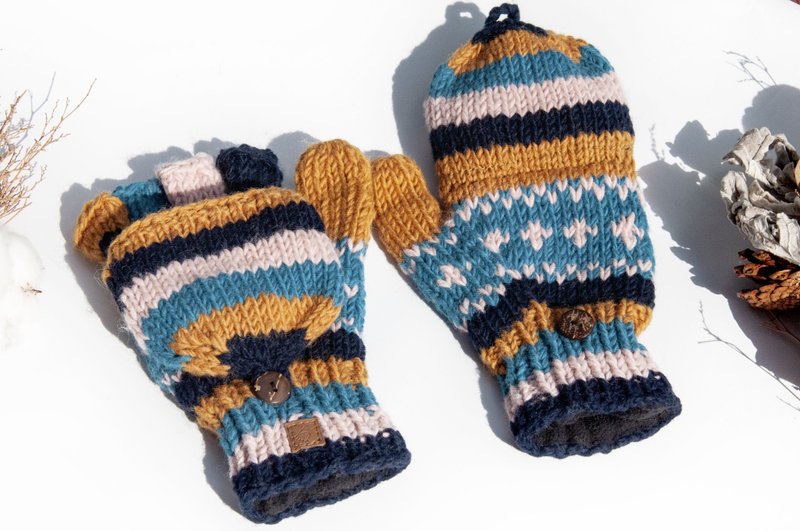 手織純羊毛針織手套/可拆卸保暖手套/內刷毛手套/觸控手套-紐西蘭 - 手套 - 羊毛 多色