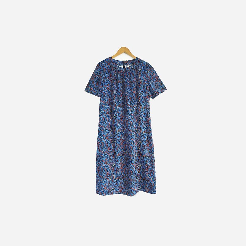 脫臼古著 / 藍紅印花圓領洋裝 no.489 vintage - 洋裝/連身裙 - 聚酯纖維 藍色