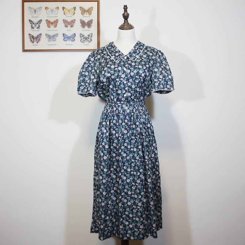 (Vintage Japanese vintage dress) made in Japan 100% cotton gray blue floral dress F3519 - ชุดเดรส - ผ้าฝ้าย/ผ้าลินิน 