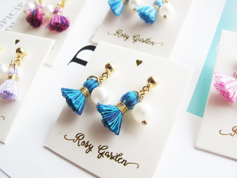 Rosy Garden Dark blue color tiny tassel with little star earrings - Earrings & Clip-ons - Other Materials Multicolor