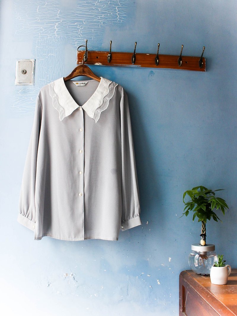 River Hill - Miyazaki's thin Plaid Balei dance dream antique silk blouse shirt shirt oversize vintage - เสื้อเชิ้ตผู้หญิง - ผ้าไหม สีน้ำเงิน