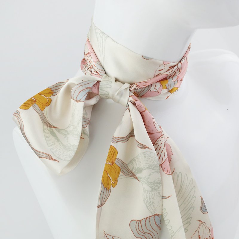 Beauty of Plants Series (2) Alstroemeria Flower Cream Color Artist's Original Silk Scarf with Hat Strap - Scarves - Silk White