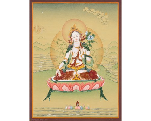 エレガントなホワイトターラのタンカ 時を超えたチベットの芸術 精神の