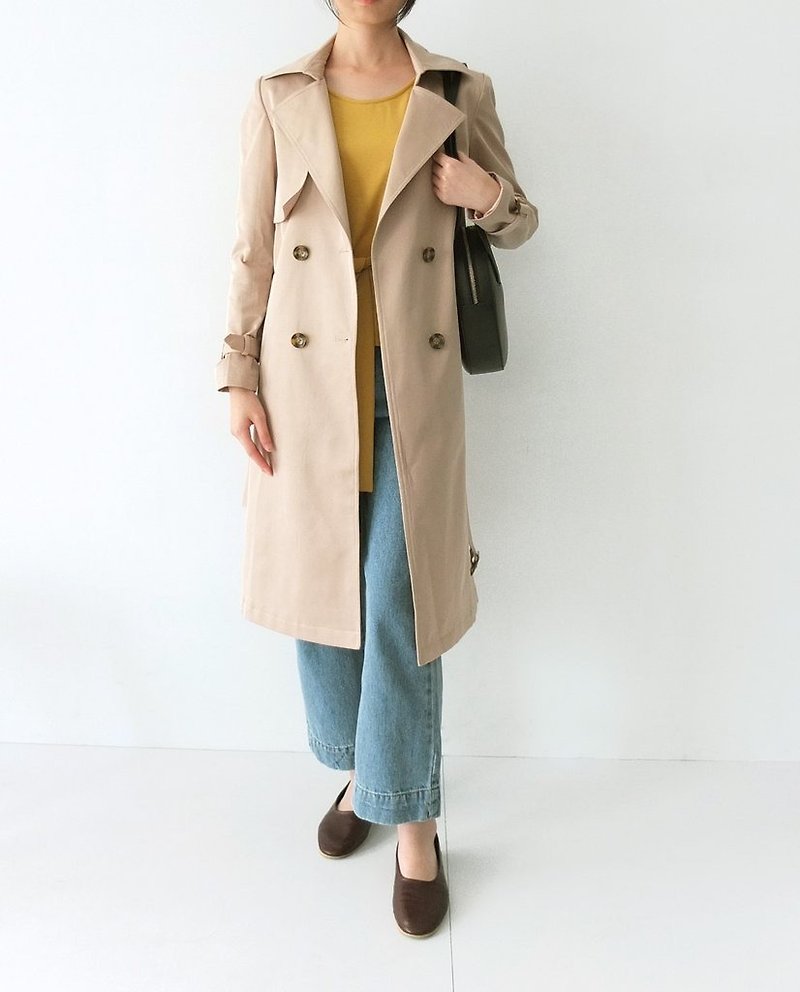 Lapel classic khaki trench coat (small size showpiece clearing) - เสื้อสูท/เสื้อคลุมยาว - ผ้าฝ้าย/ผ้าลินิน 