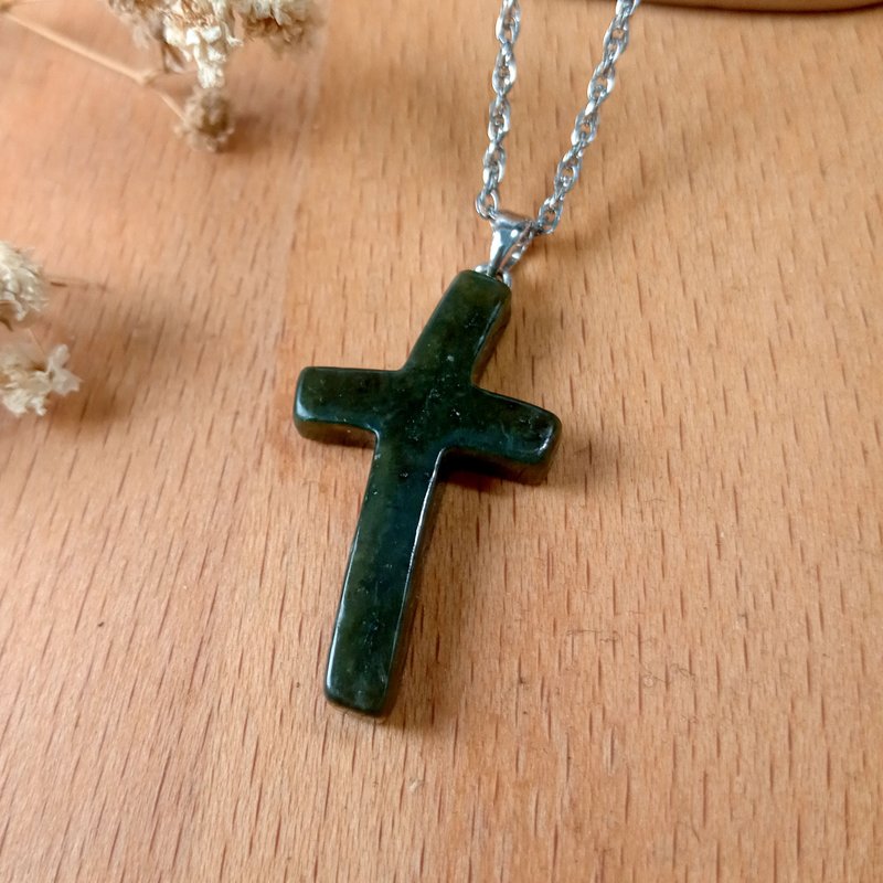 Jade pendant-shaped jade pendant-cross-shaped Xinjiang ink jasper/double-sided wearable/ - Necklaces - Jade Green