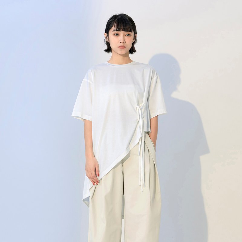 斜襬不對稱綁帶上衣 - 女上衣/長袖上衣 - 棉．麻 白色