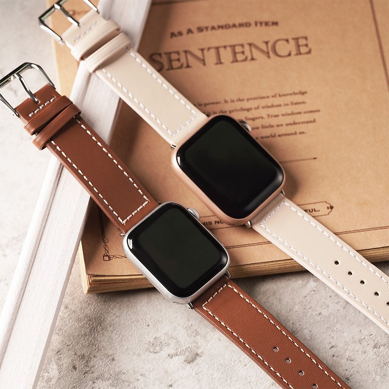 Apple watch - [Early Spring Limited Color] Stitched Genuine Leather Apple Watch Strap - สายนาฬิกา - หนังแท้ สีนำ้ตาล