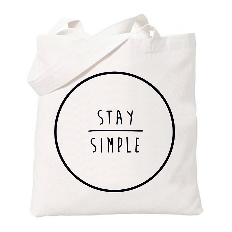 STAY SIMPLE-circle keep it simple round geometric text green simple and fresh canvas art environmental protection shoulder bag shopping bag-beige - Messenger Bags & Sling Bags - Other Materials White
