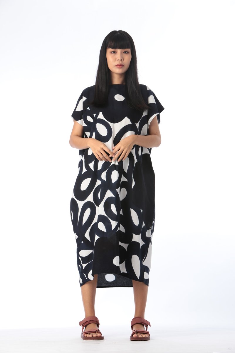 Hand Painted Cotton Rayon Kaftan for Summer Resort Vacation - 洋裝/連身裙 - 棉．麻 藍色