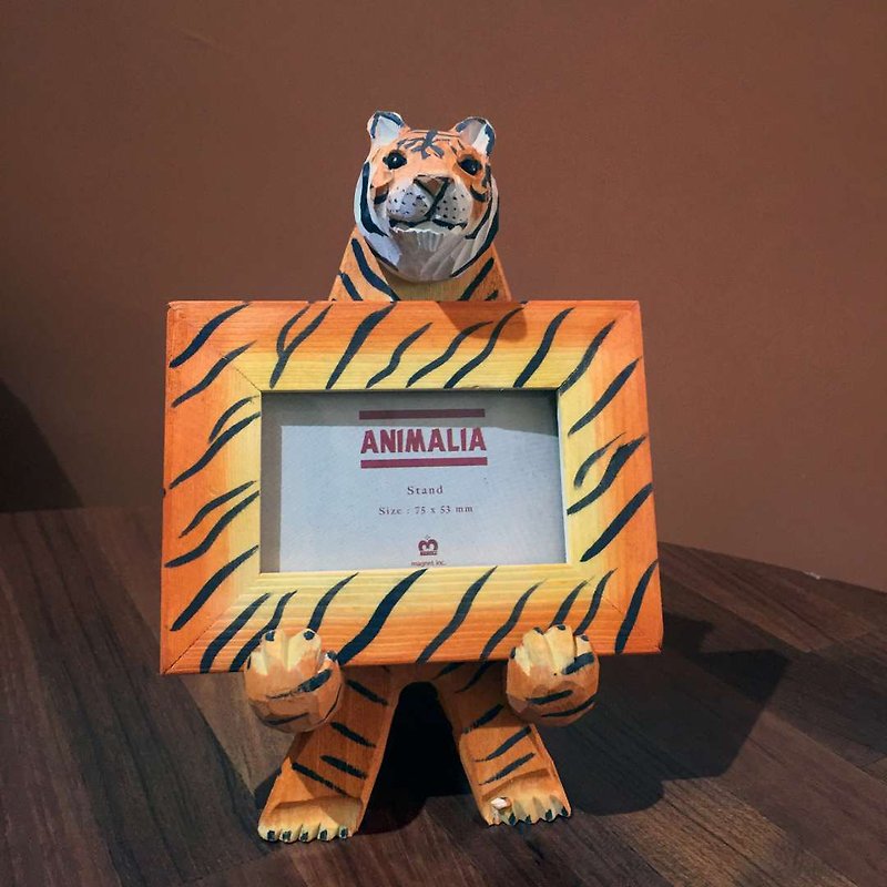 SUSS-Japan Magnets cute animal shape handmade log photo frame/mobile phone holder (tiger) - กรอบรูป - ไม้ สีส้ม