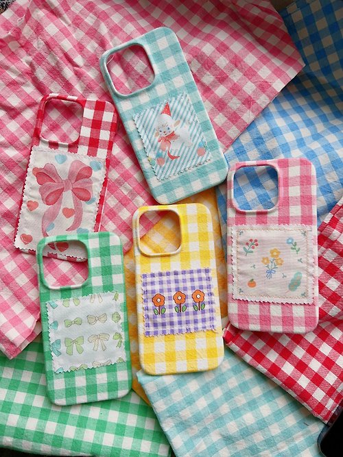 摩羯古物商店 繽紛夏日派對格子拼布布藝 手工做 布面 iPhone手機殼 可客製