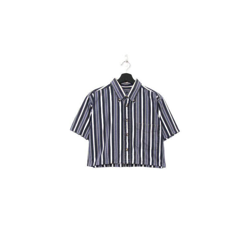 Back to Green-再製條紋短板襯衫 紫藍  ds-09//vintage shirt - 女襯衫 - 棉．麻 