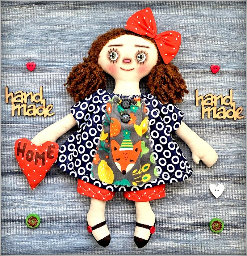 Raggedy Doll Lisa ,cloth doll ,Primitive fabric soft doll, rag doll, handmade - 公仔/玩偶 - 棉．麻 藍色