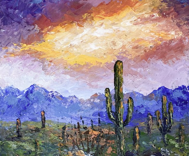 砂漠の風景画 オリジナルアクリル画 サボテンアート 夕焼けの空