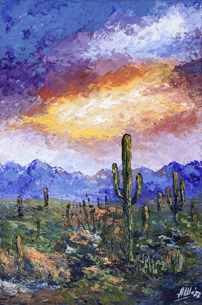 Desert landscape painting Original acrylic painting Cactus and sunset sky art - ตกแต่งผนัง - วัสดุอื่นๆ หลากหลายสี