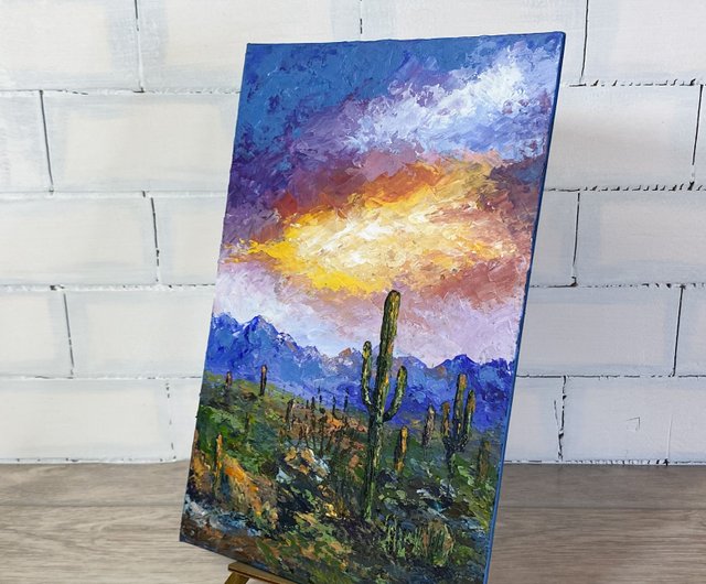 空*色様 自然と風景のアクリル画 砂漠の風景画 オリジナルアクリル画 サボテンアート 夕焼けの空