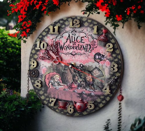 HelenRomanenko Alice in Wonderland Wall Clock Tea Party Mad Hatter Hare Whimsical Home Decor