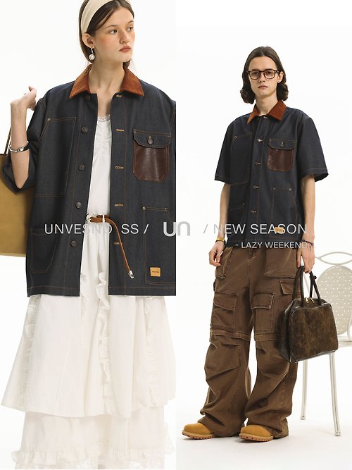 Unvesno Unvesno(UN)New Vintage燈芯絨與仿舊皮革口袋輕薄牛仔質感襯衫
