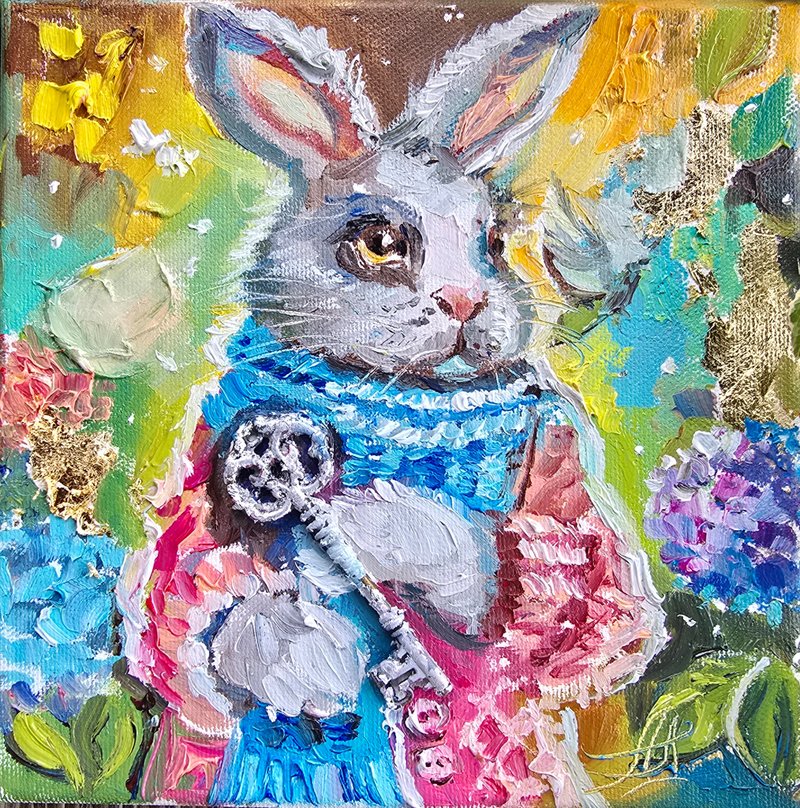 Alice's Whimsical Wonderland: Rabbit with a key colorful painting on canvas - Wall Décor - Other Materials Khaki