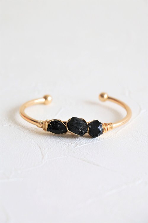 Vermeer Jewellery 天然水晶 黑碧璽原石手環 黑碧璽手鐲 手工銅線繞線手鐲 美國18k金銅線