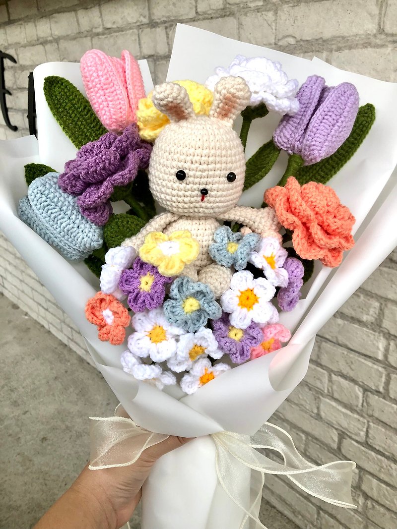 Crochet Bunny with Riandow Tulip Rose and Forget me not Flower Bouquet - Plants & Floral Arrangement - Other Materials Multicolor