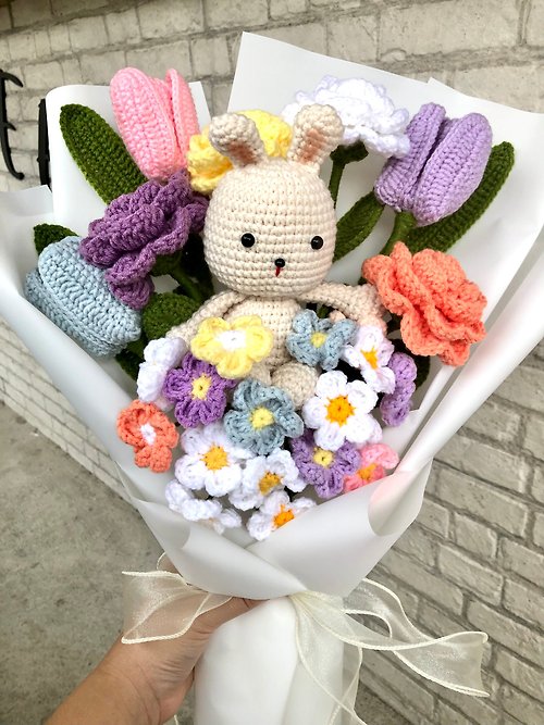 youryarnthailand Crochet Bunny with Riandow Tulip Rose and Forget me not Flower Bouquet