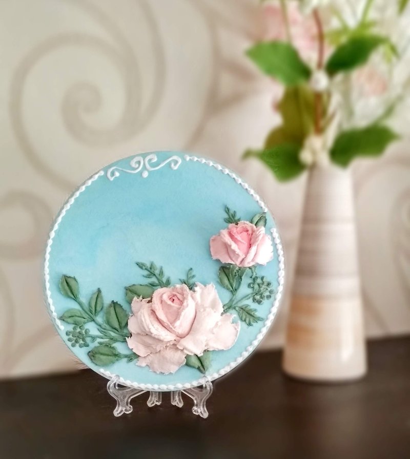 Round small painting with pink roses Floral painting gift Roses wall decor - ตกแต่งผนัง - วัสดุอื่นๆ สีน้ำเงิน