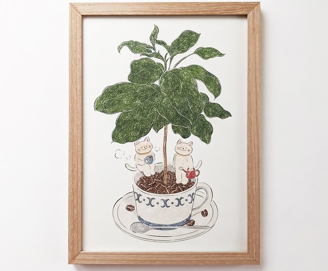 猫とコーヒーの木 アートプリント イラスト複製画 ショップ Cashew Fafa ポスター 絵 Pinkoi