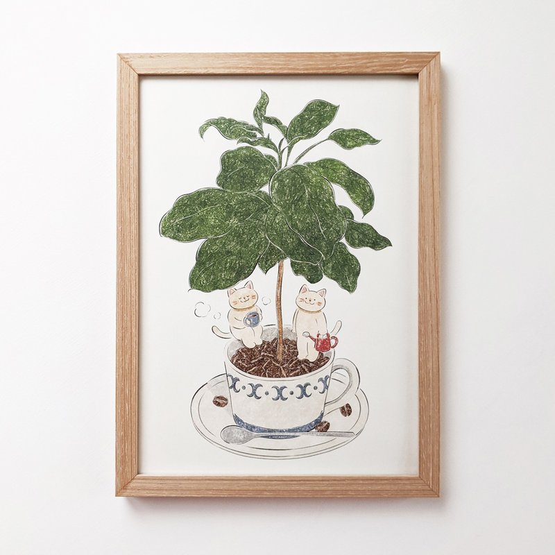 A4 Cats and the coffee tree Art print - โปสเตอร์ - กระดาษ สีเขียว