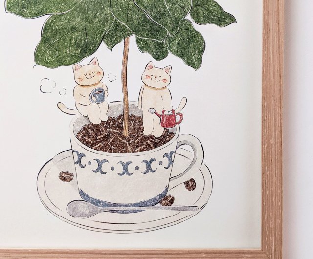 A4 猫とコーヒーの木 アートプリント/イラスト複製画 - ショップ