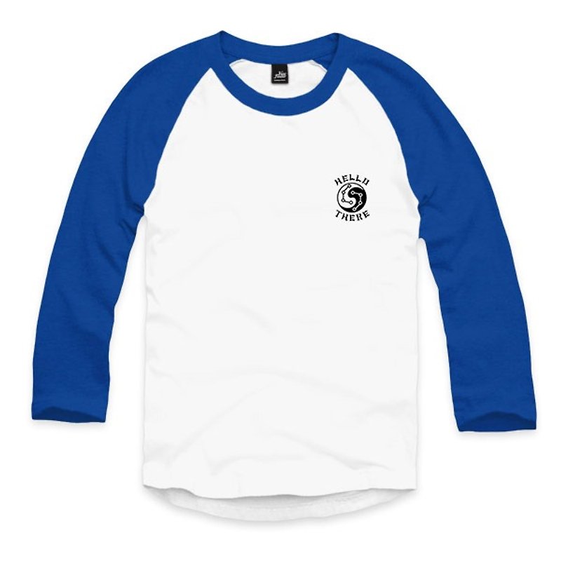 太極海豚 - 白/藍 - 七分袖棒球T恤 - 男 T 恤 - 棉．麻 白色