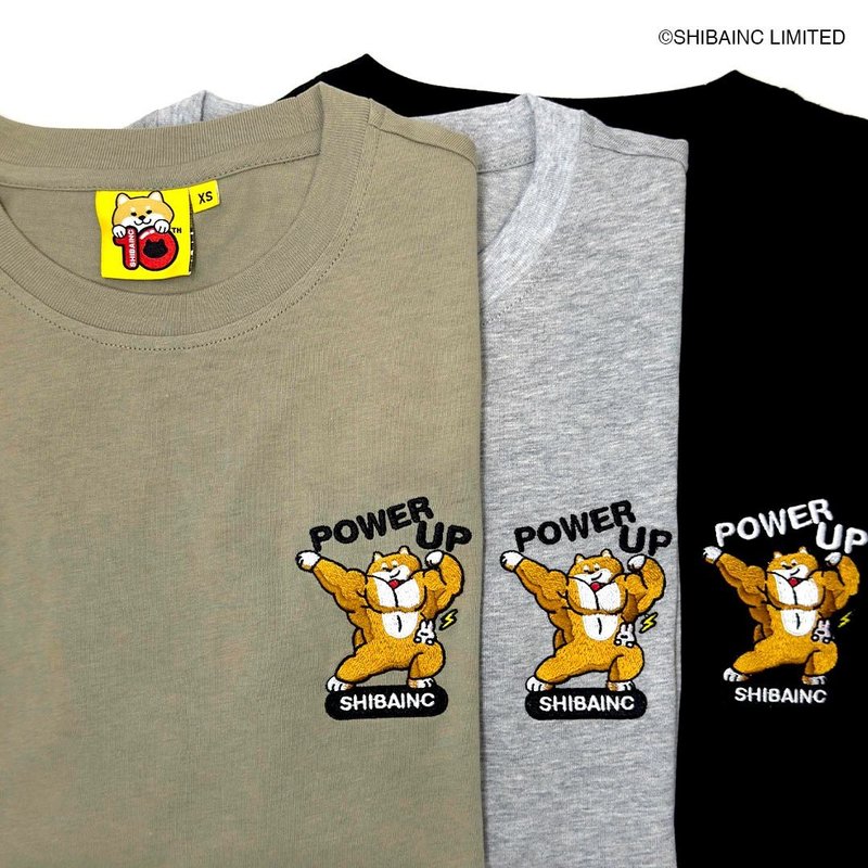 SHIBE with Bao the rabbit POWER YOU UP Embroidery Graphic Tee - เสื้อฮู้ด - ผ้าฝ้าย/ผ้าลินิน สีเทา