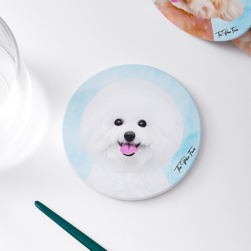 比熊 狗狗-圓型陶瓷吸水杯墊/動物/居家用品 - 杯墊 - 陶 