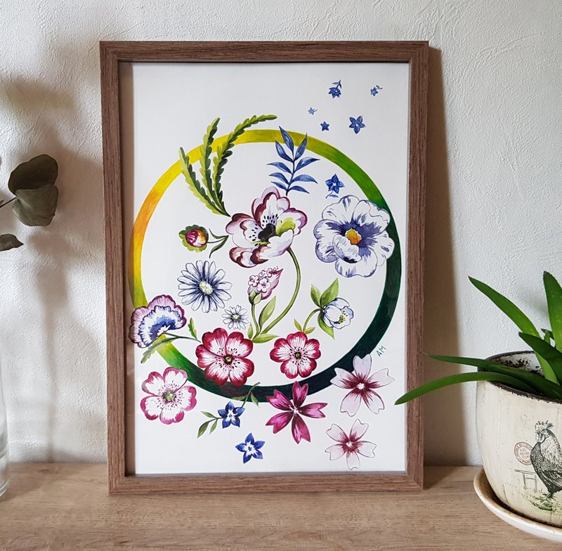 Original Watercolor artwork handmade mixed technique - flower arrangement - 壁貼/牆壁裝飾 - 其他材質 