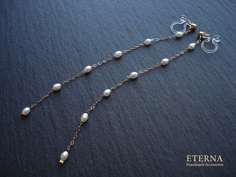 14KGF fresh water pearl and long chain, clip on earrings 夾式 - สร้อยคอยาว - ไข่มุก ขาว