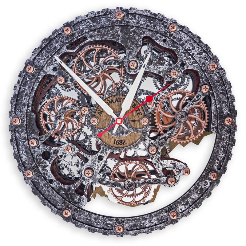 Automaton Bite Moving Gears Wall Clock 1682 Circle Metal Loft Art Decor - Clocks - Wood Silver