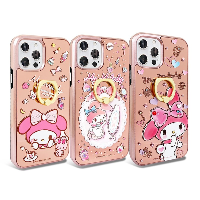 Sanrio iPhone 11 full range of crystal colored diamonds all-inclusive mirror ring dual-material phone case-Melody - เคส/ซองมือถือ - วัสดุอื่นๆ หลากหลายสี