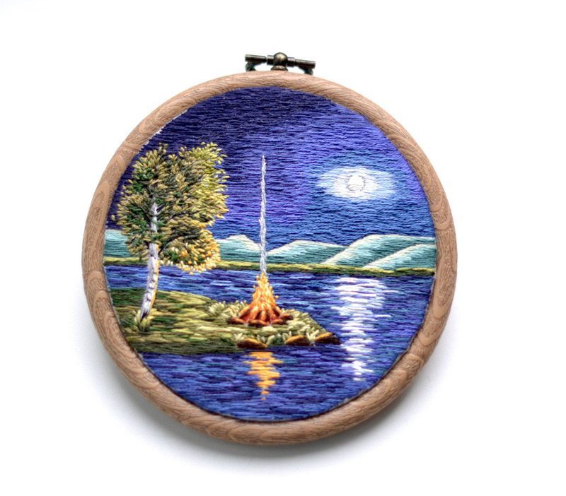 Night Embroidery Landscape, Thread Paining, Embroidery art, Hand embroidery - Wall Décor - Thread Multicolor